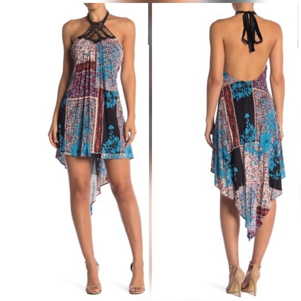 Sky Beaded Halter Print Hi-Lo Dress